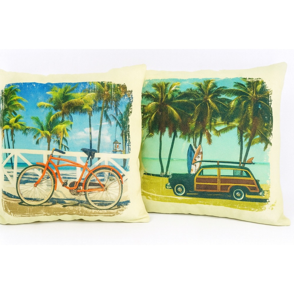 Coastal Beach Throw Pillow Set Surf Bike Palm Trees Woody Wagon Vintage Style